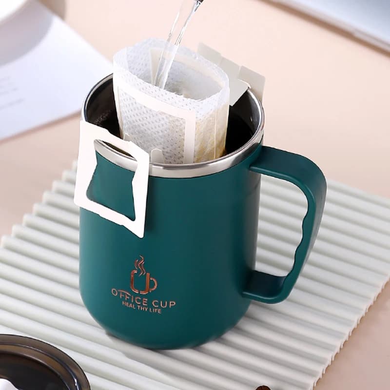 Tasse à café à double couche en acier inoxydable 500 avec couvercle et poignée en plastique, bouteil