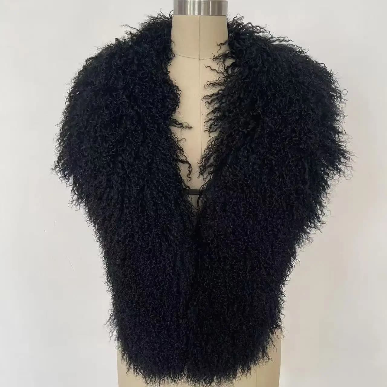Gilet en vraie fourrure de mouton mongole pour femmes, Streetwear, haut à col licou en vraie fourrur