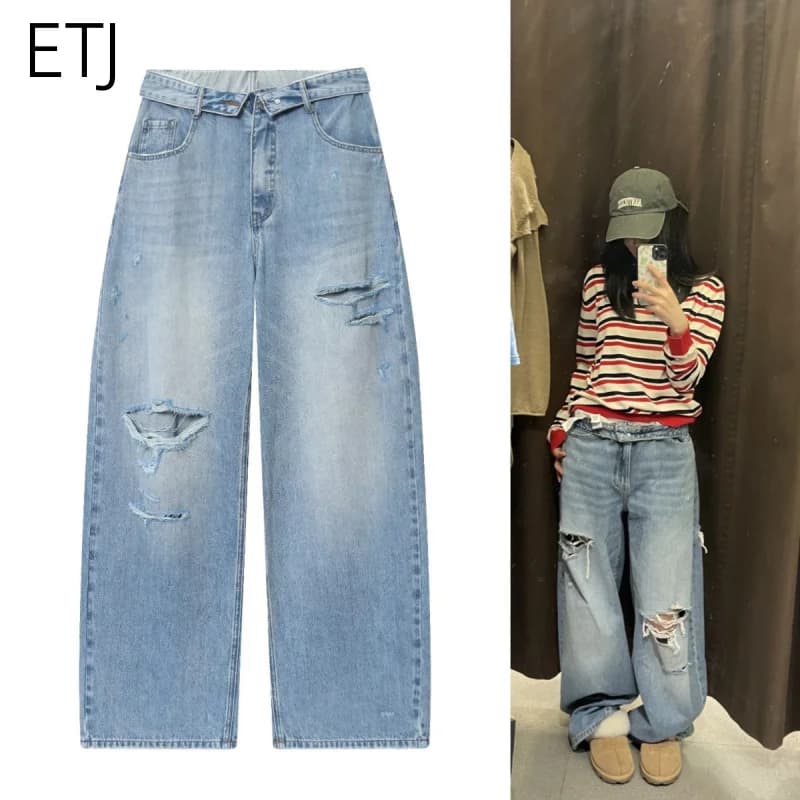ETJ 2025 femmes nouvelle mode de rue taille pliable taille moyenne jean déchiré délavé version ample