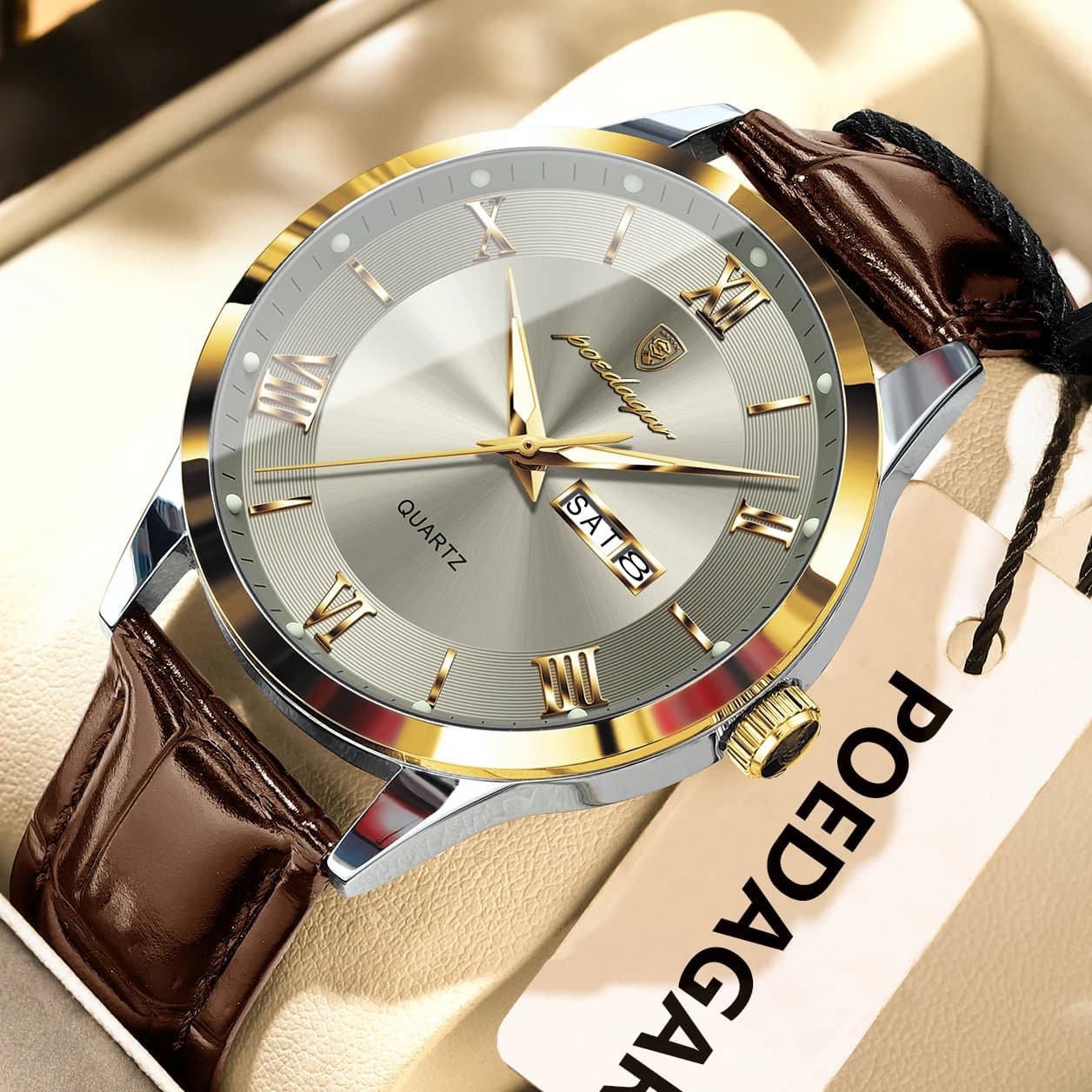 POEDAGAR Original montre de mode pour homme en cuir Date semaine Quartz hommes montre étanche lumine