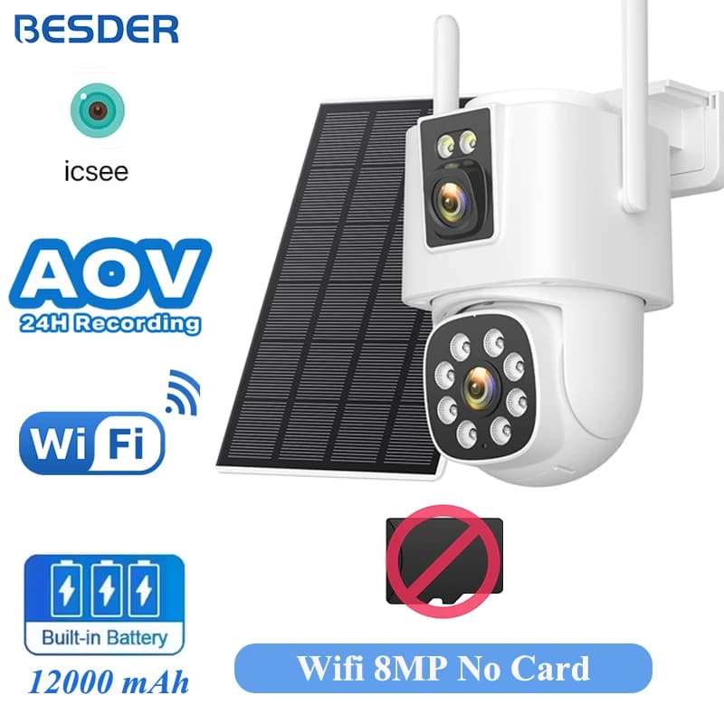 BESDER 4G caméra solaire carte SIM 8MP double objectif AOV 24/7 enregistrement vidéo avec batterie d