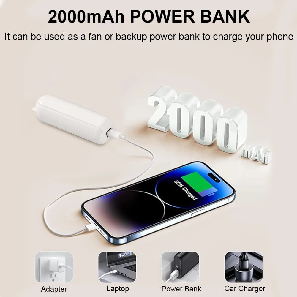 Super Mini ventilateur portable aste USB, ventilateur de poche pliable, batterie externe 2000mAh, 3 