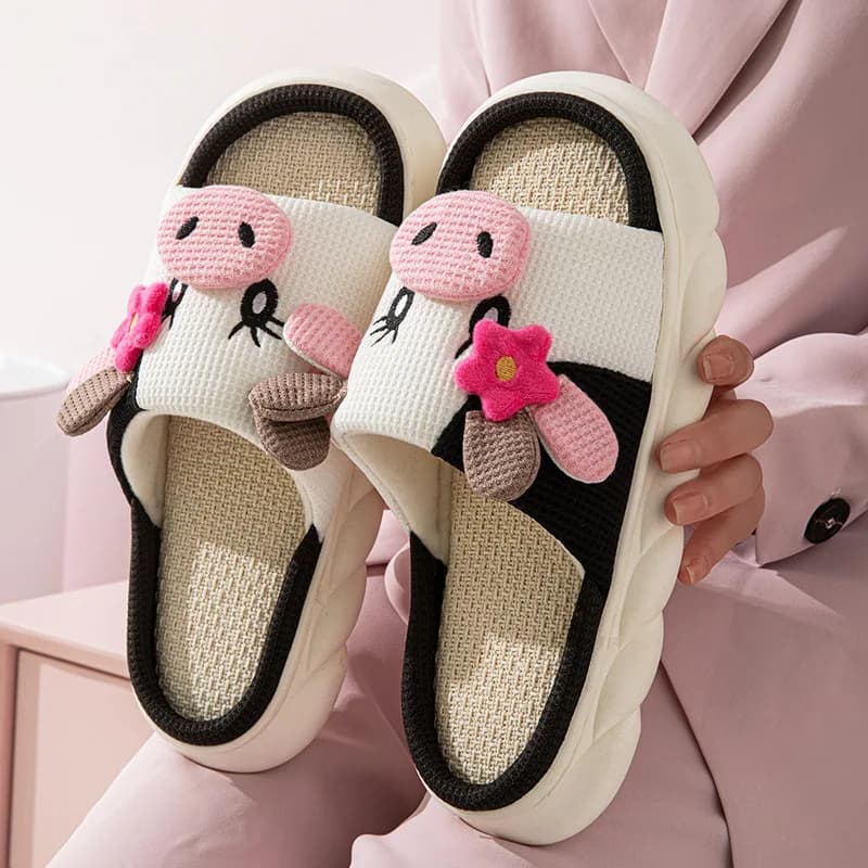 Dessin animé mignon vache maison pantoufles femmes plate-forme semelle souple anti-dérapant maison d