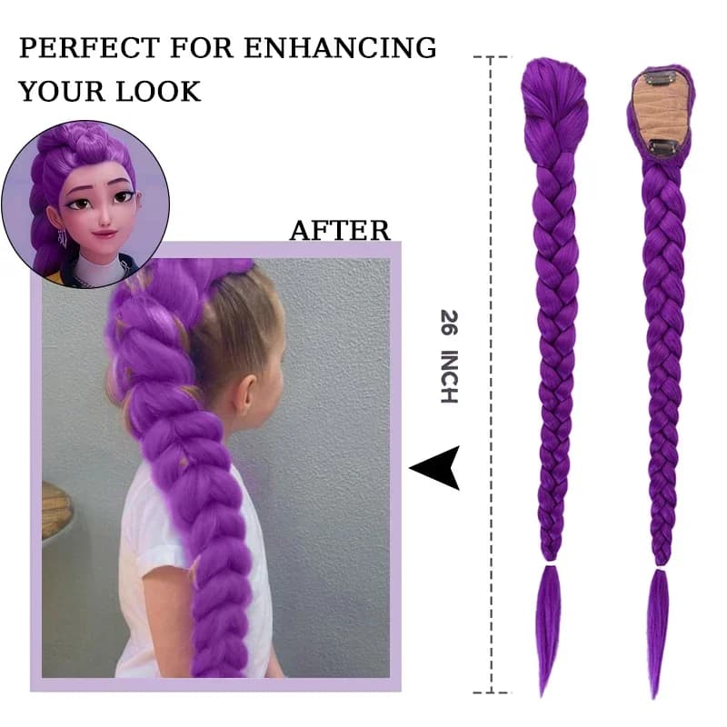 Tresse violette de 82 pouces de long avec fleur pour enfants et filles, queue de cheval synthétique 
