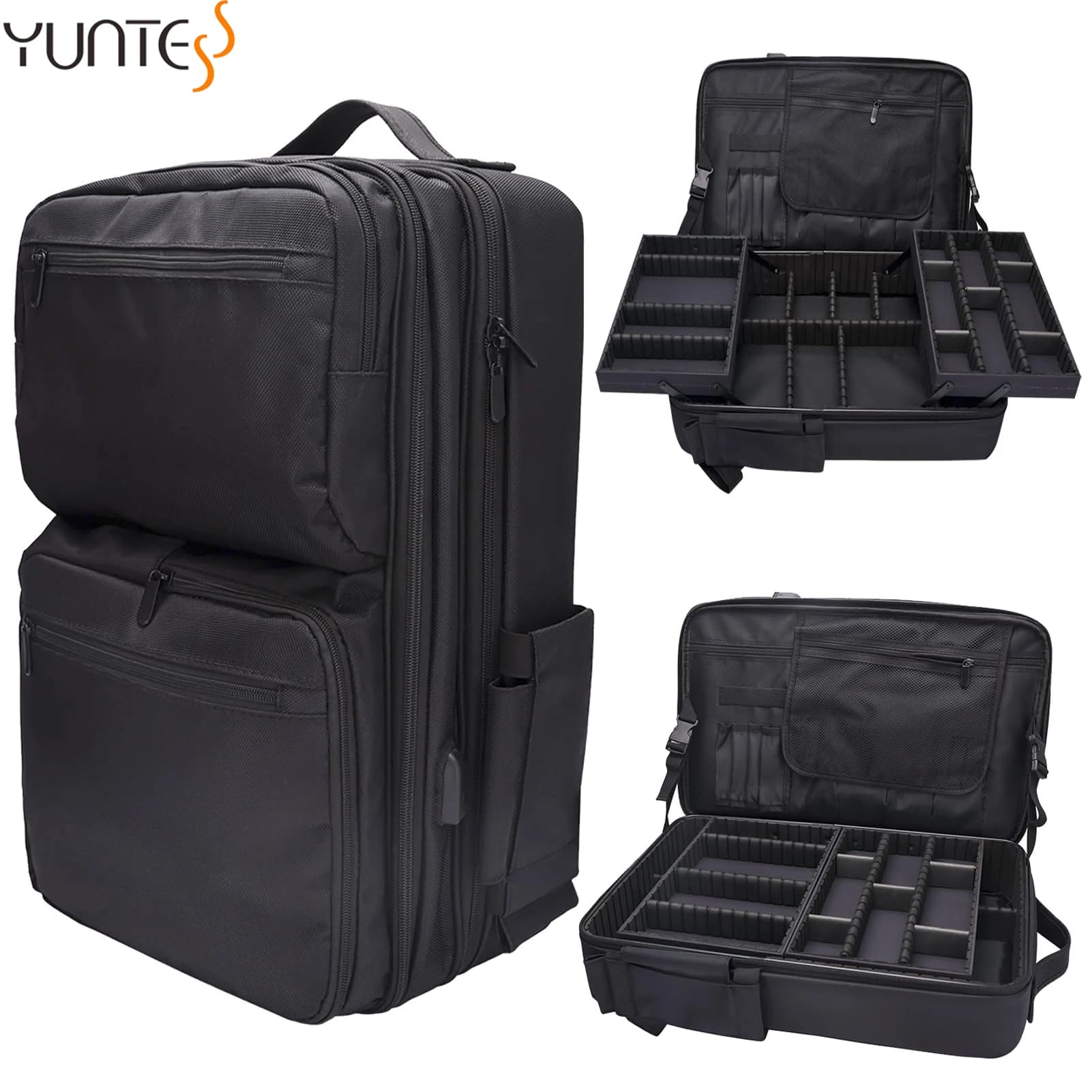 YUNTES sac à dos de voyage de maquillage de barbier professionnel séparateurs réglables USB-grand sa