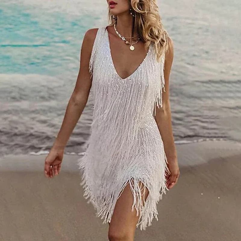 Robe de soirée à franges pour femmes, mini robe à franges, col en V sexy, dos nu, mince, robes de so