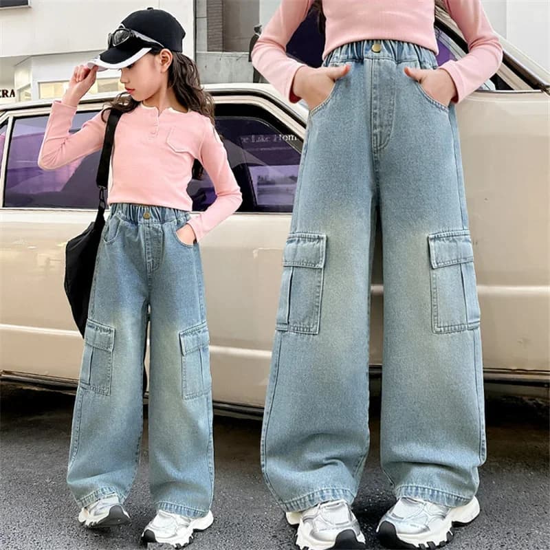 Jeans cargo pour filles, pantalons en denim à jambes larges pour enfants, vêtements de rue tendance 