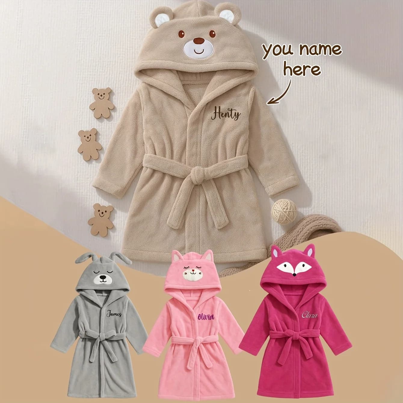 Serviette pour bébé à capuche avec ours brodé avec nom personnalisé |   Peluche douce 74-84cm pour 1