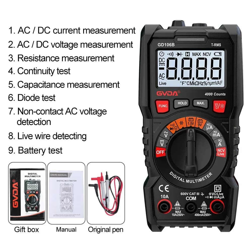 Multimètre numérique GVDA 4000 points de mesure, auto-étalonnage, DMM, Voltmètre, True RMS, AC/DC, N