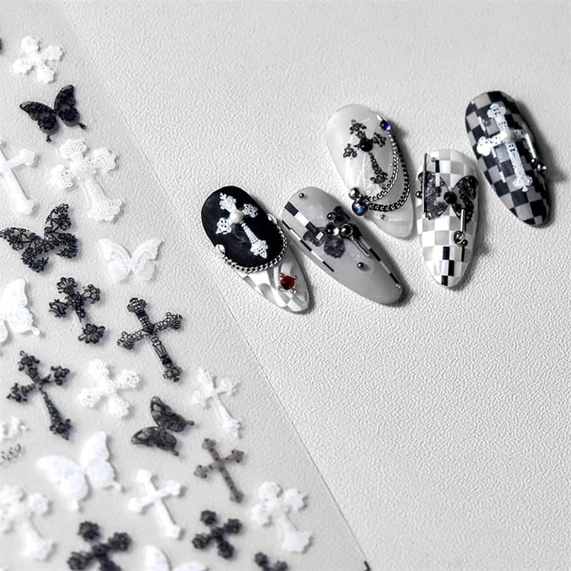 Femme Sexy noir blanc dentelle papillon croix 5D doux en relief Relief auto-adhésif Nail Art décorat
