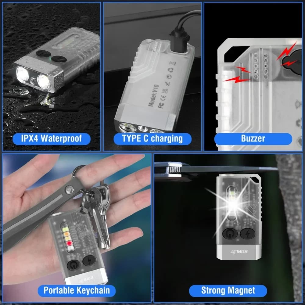 BORUiT V10 1000LM UV LED EDC porte-clés lampe de poche type-c Rechargeable 1000mAh lampe de travail 