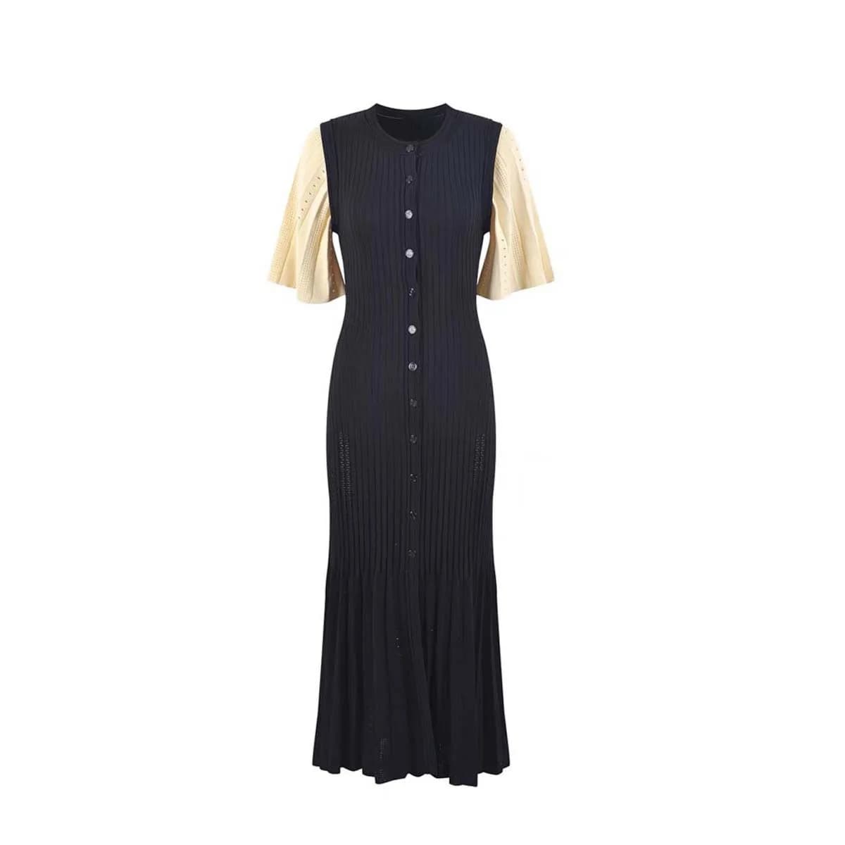 Robe tricotée française ajourée à la mode, style d'été, amincissante, ligne a, manches courtes, robe