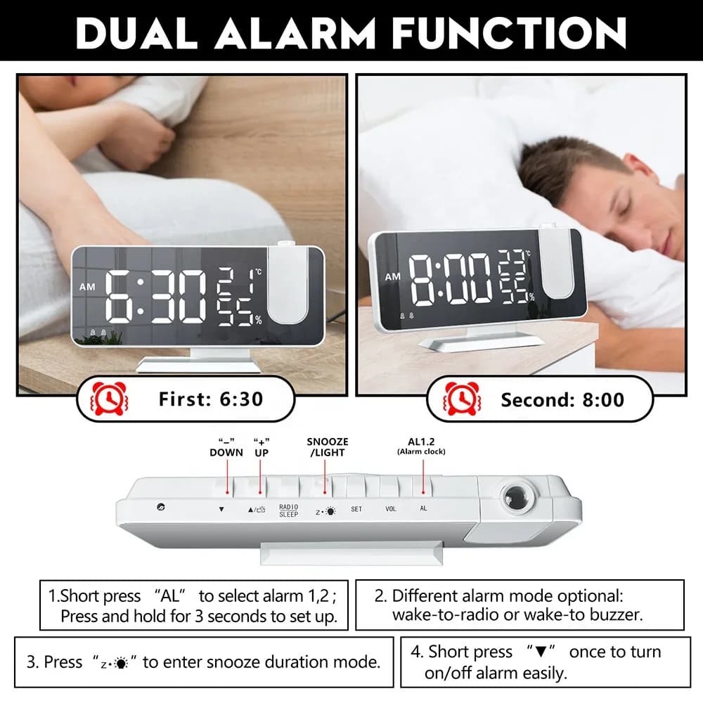 LED numérique miroir Projection réveil maison FM Radio thermomètre hygromètre USB réveil montre 180 