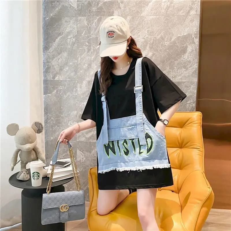 T-shirt en denim à manches courtes pour femmes, faux deux pièces, mode, vêtements coréens, été, chim