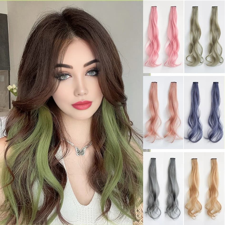 Extensions de cheveux synthétiques bouclés colorés 2 pièces/ensemble 50cm/60cm, vague d'eau rose/ble