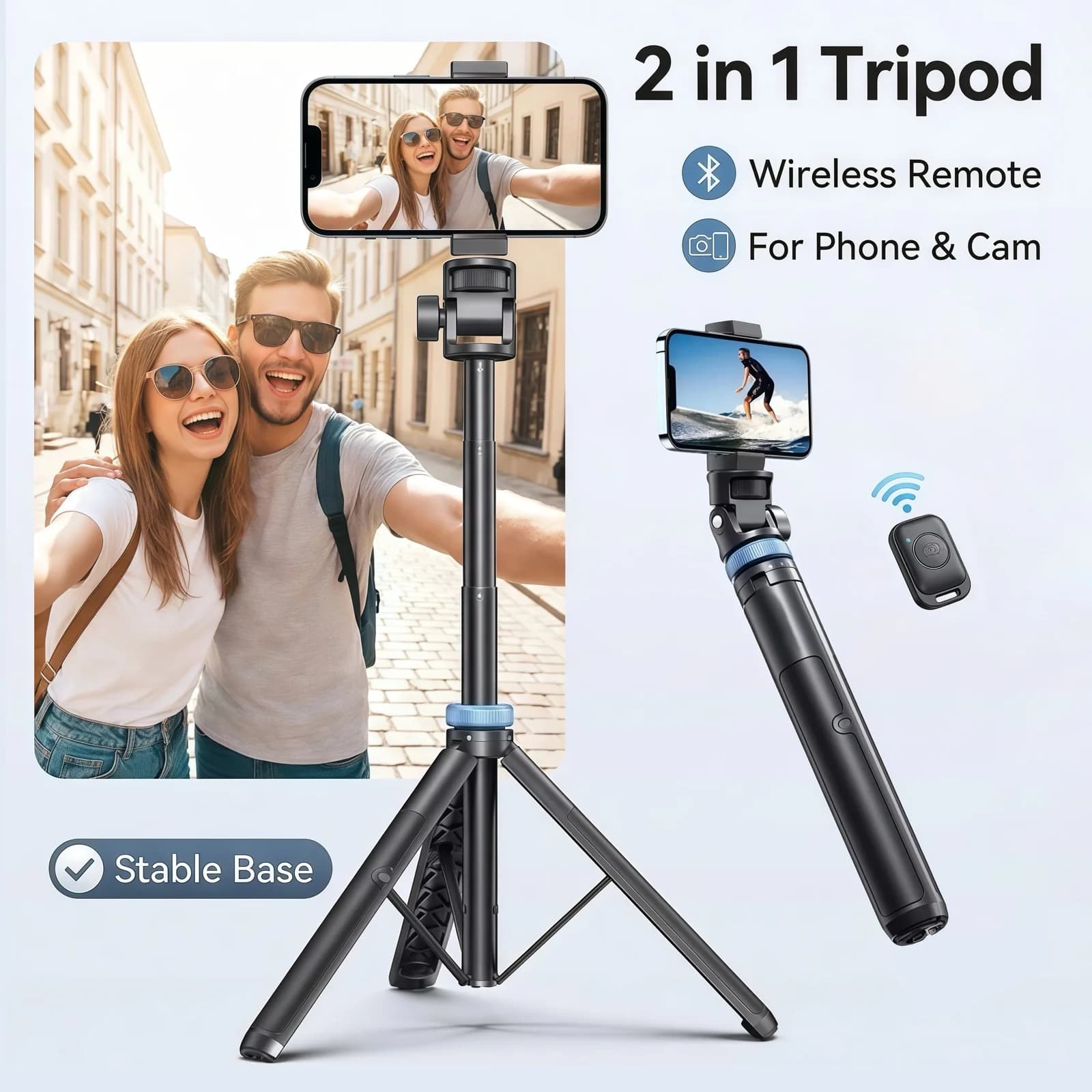 Trépied Bluetooth 3-en-1 avec télécommande pour iPhone Samsung GoPro DJI Insta360, support de vloggi