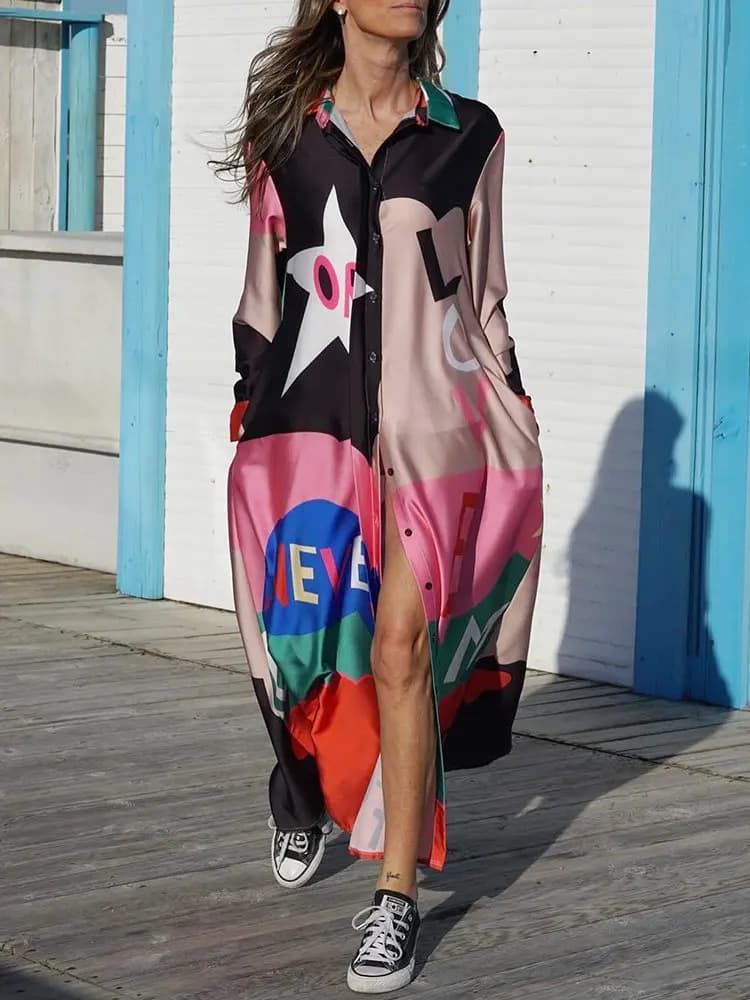 Robe longue décontractée à col rabattu pour femmes, patchwork, imprimé coloré, dame de bureau, robe 