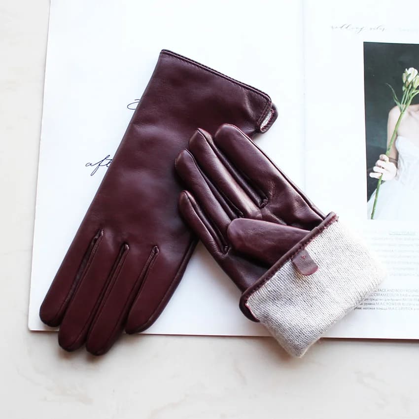Gants en cuir de mouton de couleur pour femmes, doublure en laine de Style droit, chauds pour moto, 
