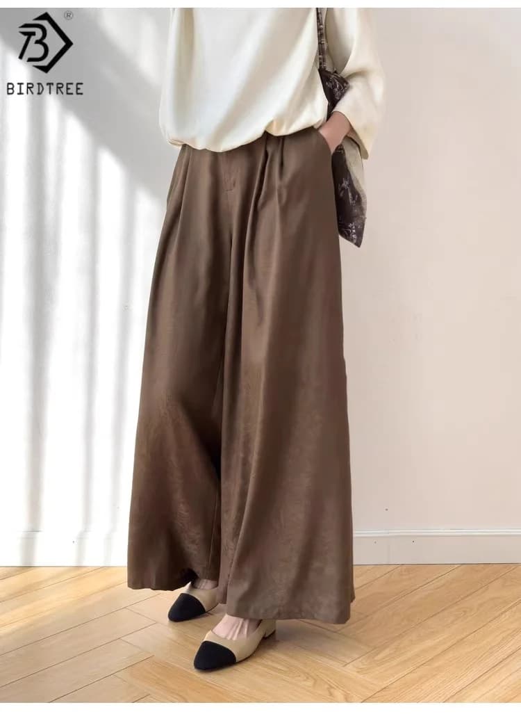 Pantalon en soie véritable 100% Birdtree 28M, pantalon large à taille élastique jacquard pour femme,