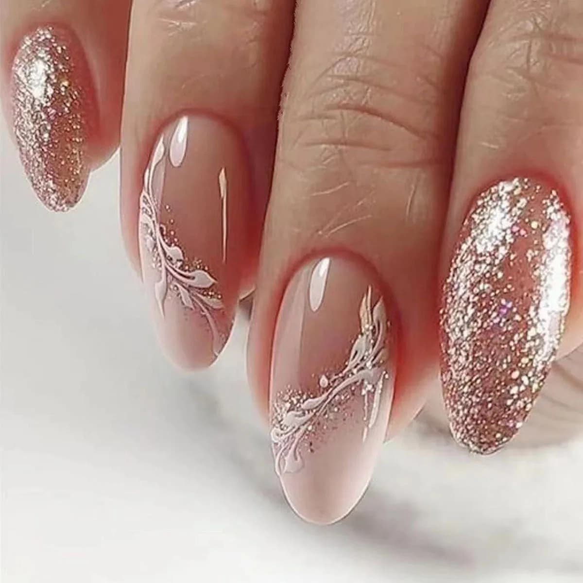 Faux ongles français en amande mate, avec colle, impression de feuilles de Rose, Nail Art, couvertur