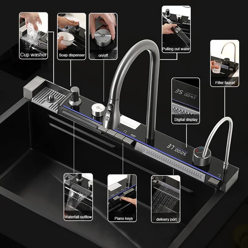 Évier de cuisine cascade en acier inoxydable 304, grand fente unique, ensemble de robinets à afficha