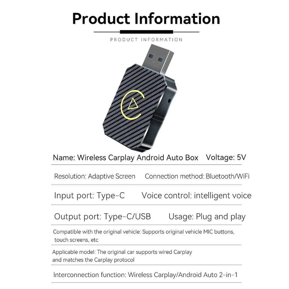 Adaptateur CarPlay sans fil et mini adaptateur automatique Android, WiFi 5 mesurz, Type-C, USB, Plug