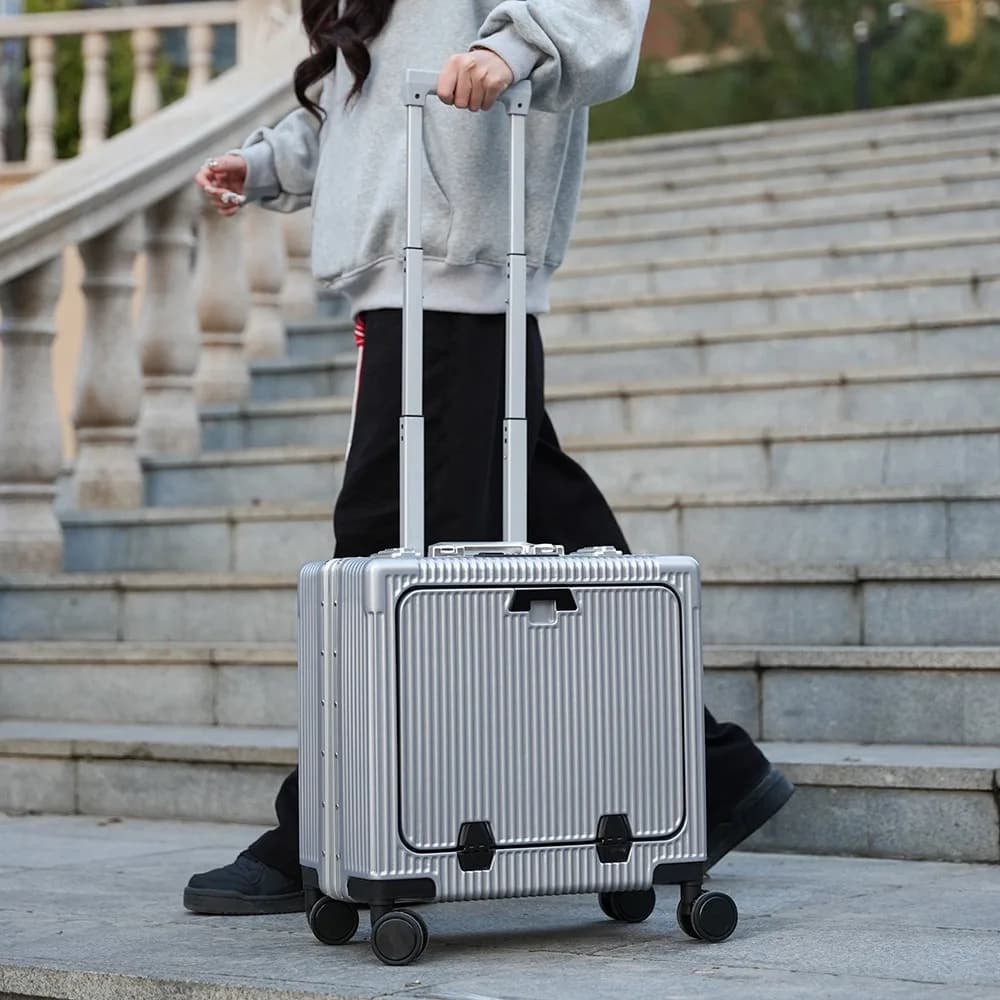 Valise de poche à ouverture avant, cadre en alliage d'aluminium, bagages roulants de 18 pouces, sacs