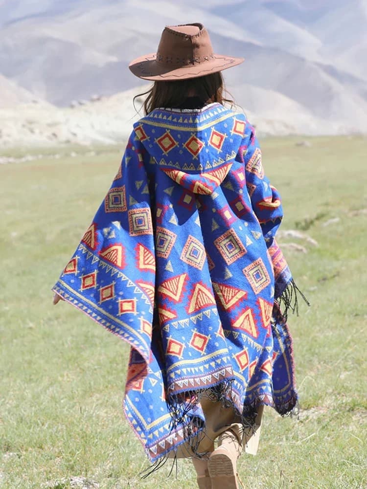 GypsyLady – cape à capuche bleue Vintage Chic, style bohémien, pour femme, chaude, ethnique, tricoté