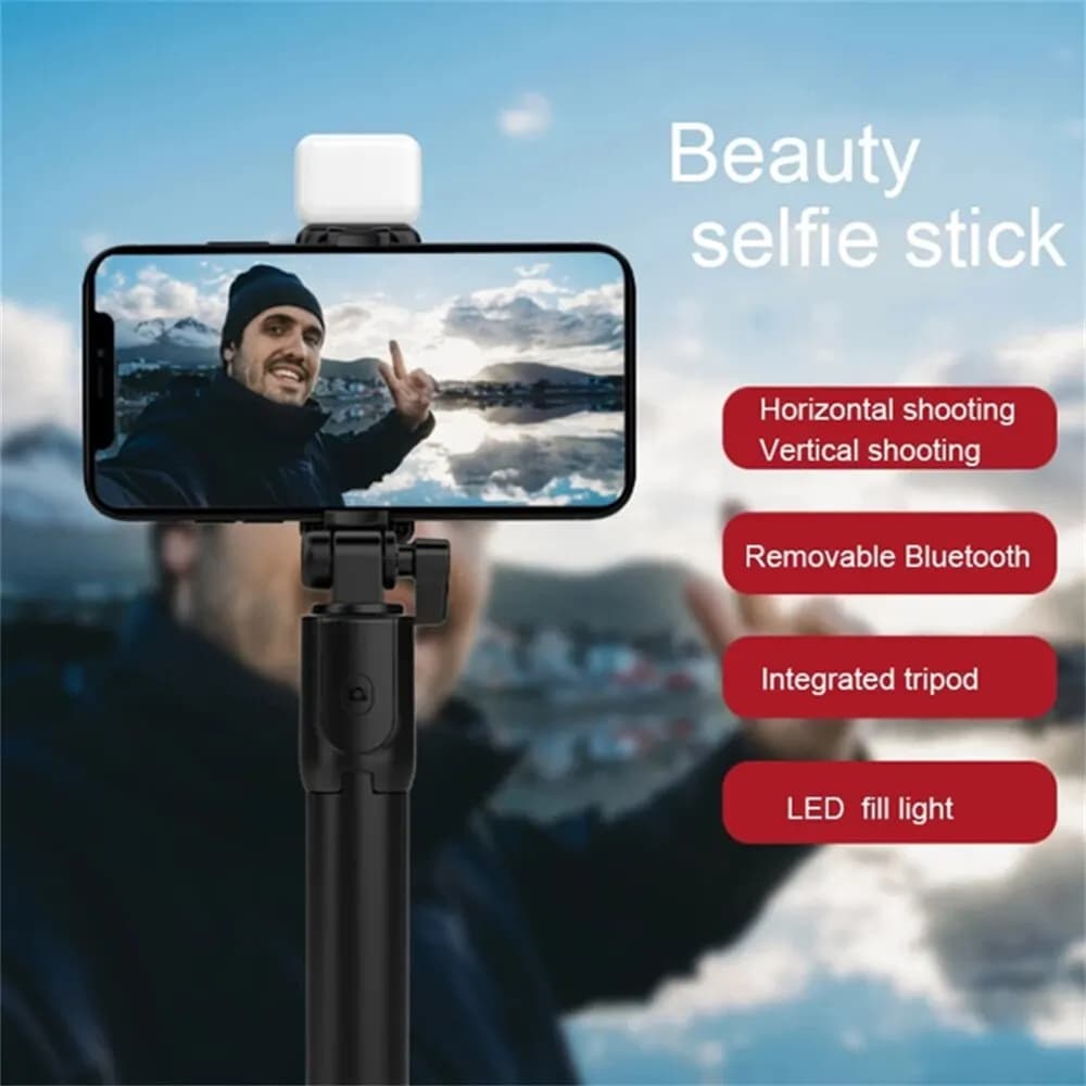 Trépied Portable Bluetooth pour perche à Selfie, avec obturateur à distance, lumière de remplissage,