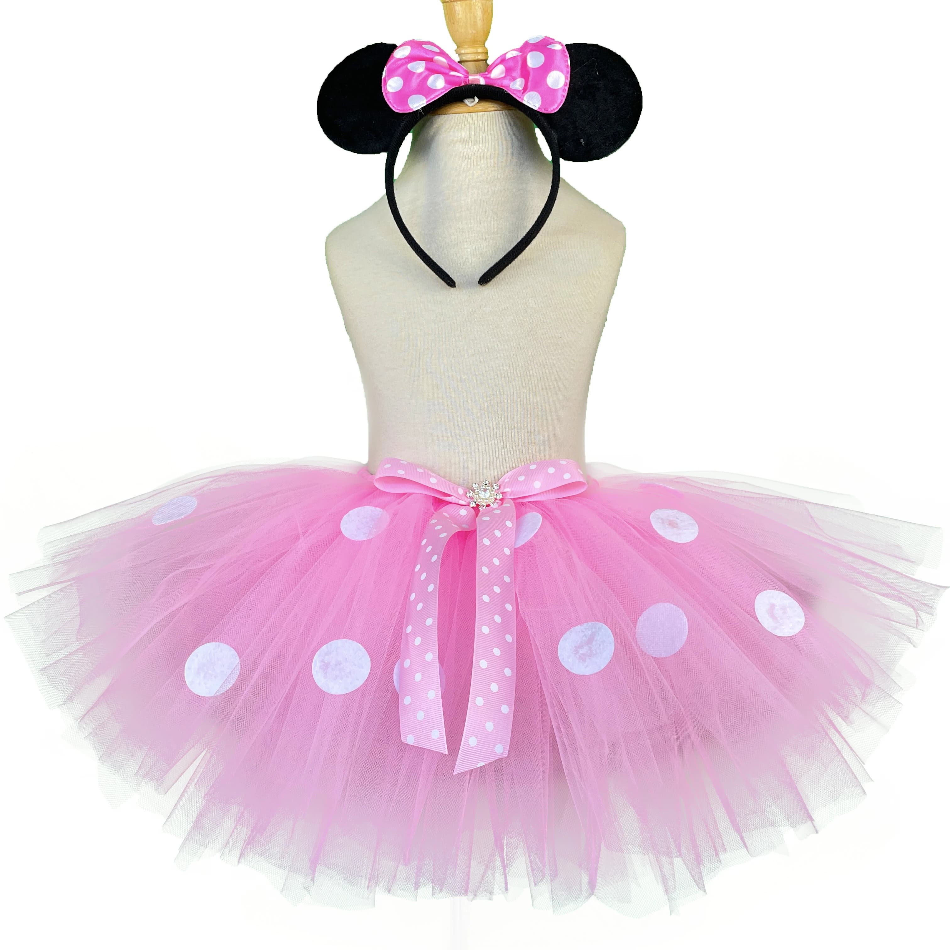 Jupes Tutu de dessin animé rose pour filles, jupes de Ballet en Tulle avec pois blancs et nœud de ch