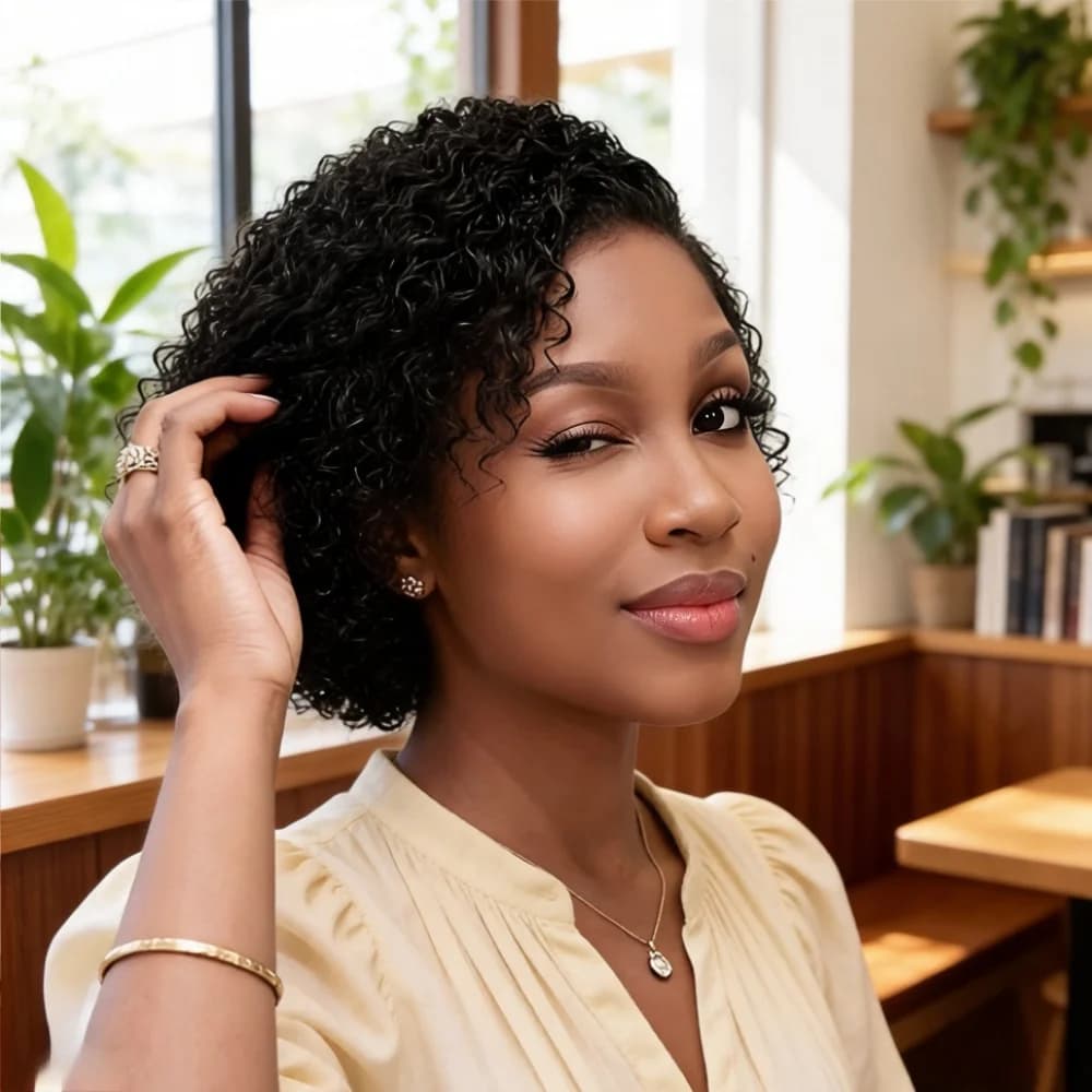 Perruque élégante en cheveux humains Remy, coupe pixie ondulée bouclée, avec dentelle frontale 13x4x