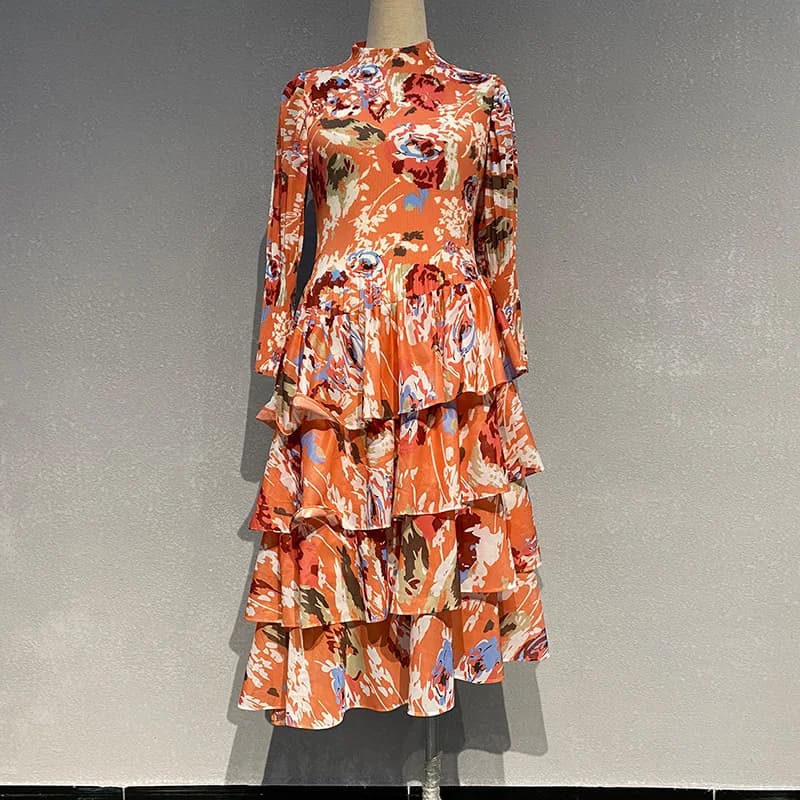 Robe mi-longue plissée de style étranger pour femmes, jupe à bulles vintage, imprimé floral, taille 