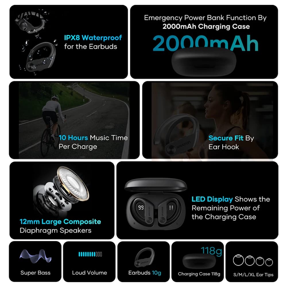 Wavefun-Écouteurs Bluetooth XBuds 5 avec crochet d'oreille, étui de charge 2000mAh, fonction de banq