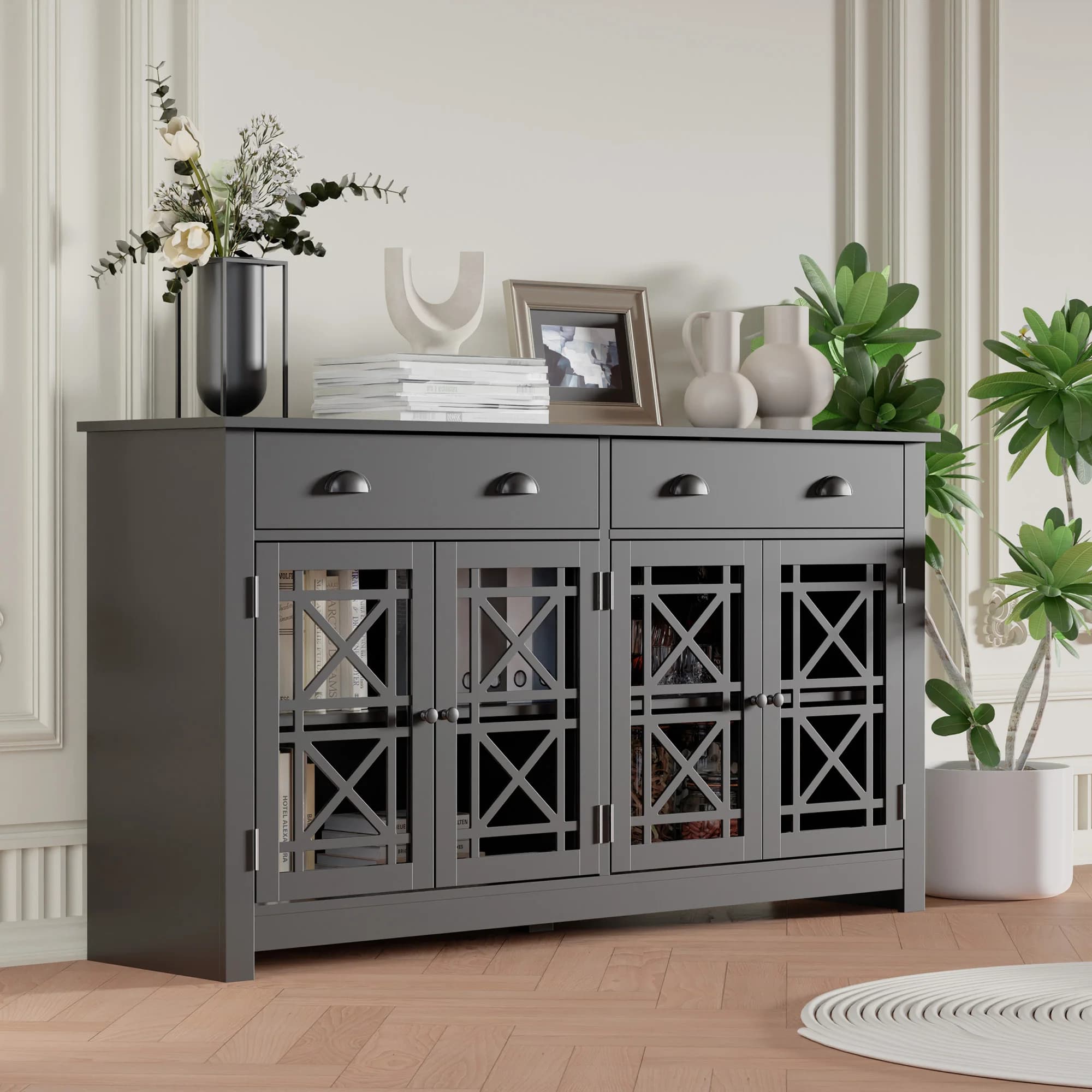 Buffet en bois avec 4 portes en verre acrylique, armoire de bar autoportante, armoire de planche mod