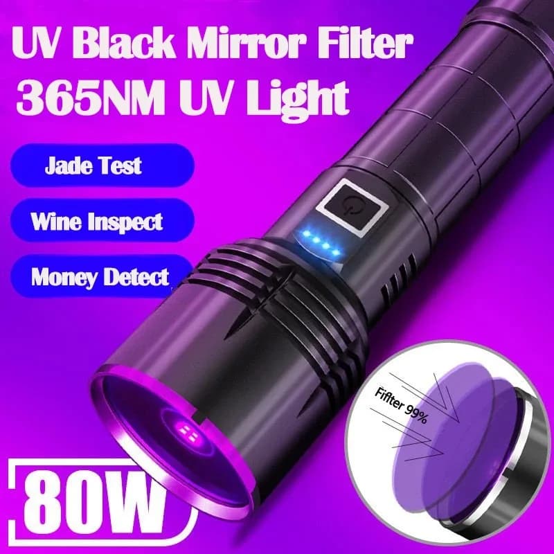 Lampe de poche UV puissante 365nm, Type C, Rechargeable, étanche, lumière violette 26650, pour détec