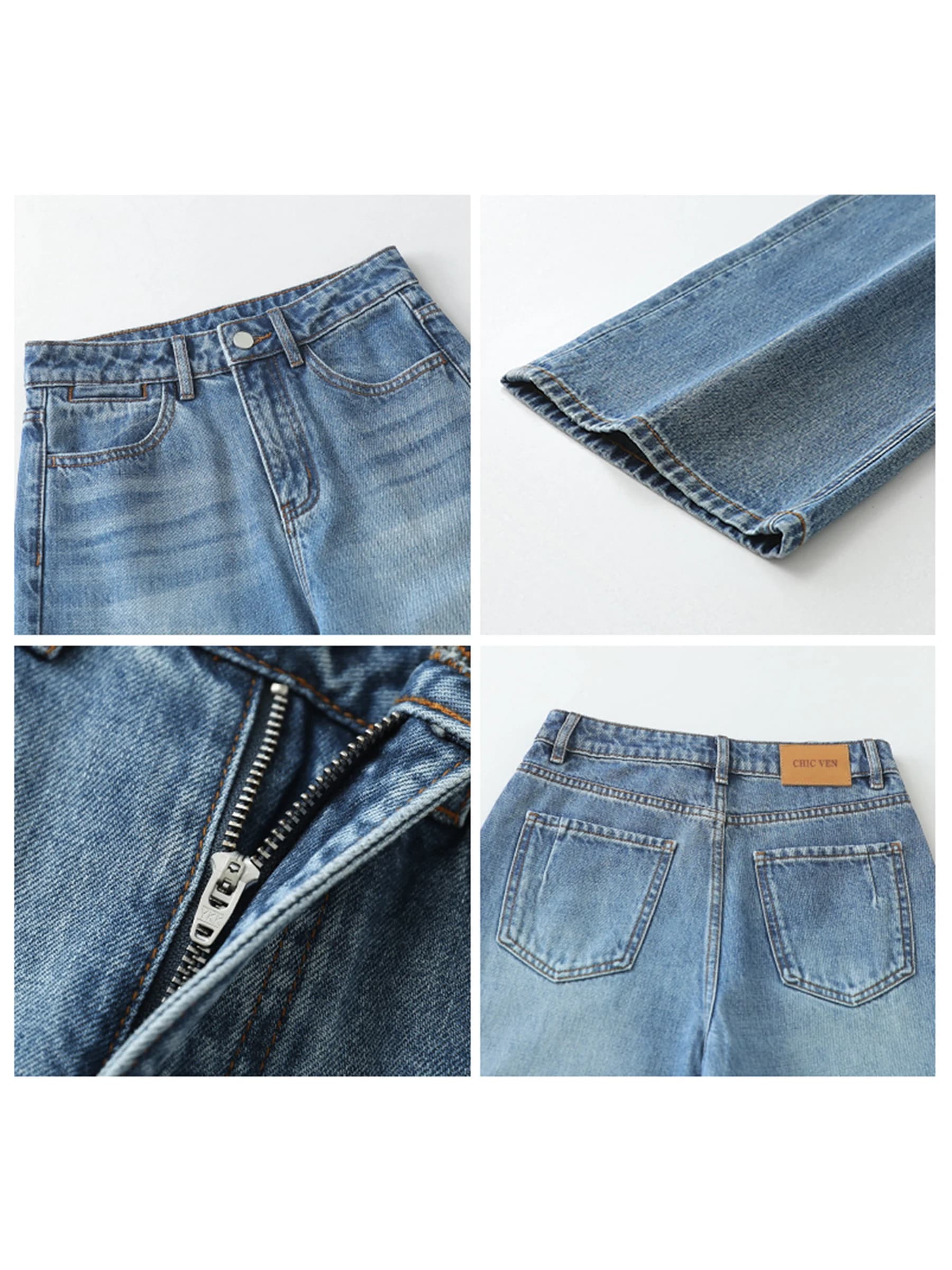 CHIC VEN femmes jean bleu ample décontracté solide nouveau rétro coton jambe large Denim pantalon fe