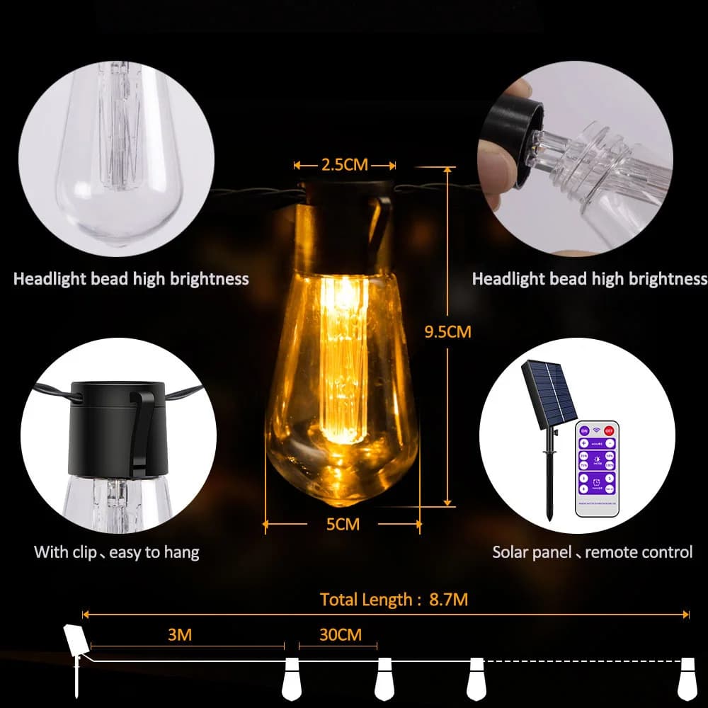 Guirlande solaire haute luminosité, 20 pieds (8M), 20 ampoules incassables, étanche S14 LED, guirlan
