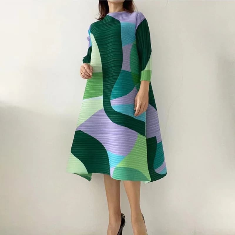 Robe plissée à motif géométrique pour femme, avec ceinture et ceinture, surdimensionnée, longue, dou