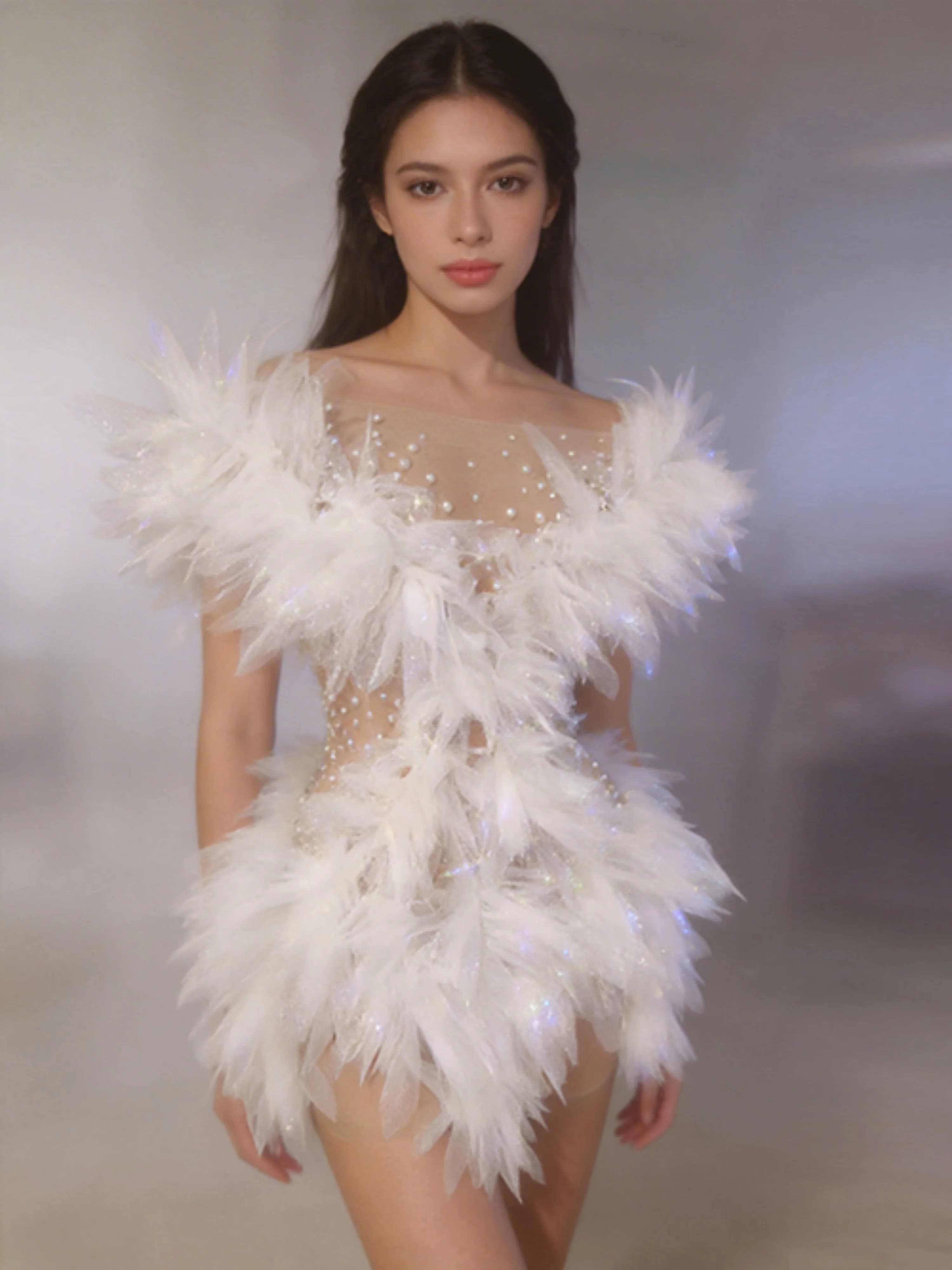 Robe mini en tulle blanc luxueuse pour femme, sexy, transparente, ornée de perles et de cristaux, mo