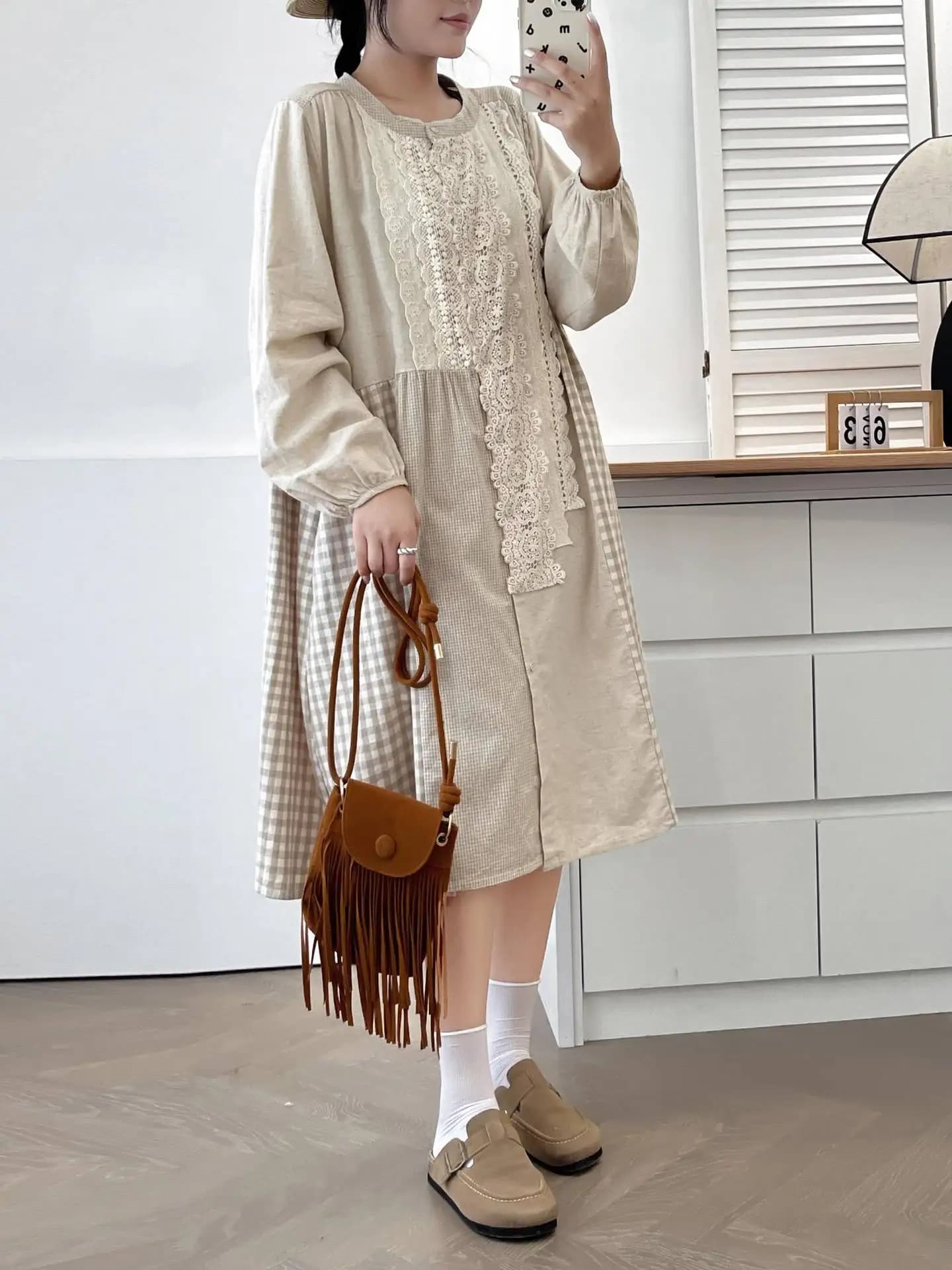 Nouvelles robes d'été en coton à manches longues pour femmes, dentelle à carreaux brodée pour femmes