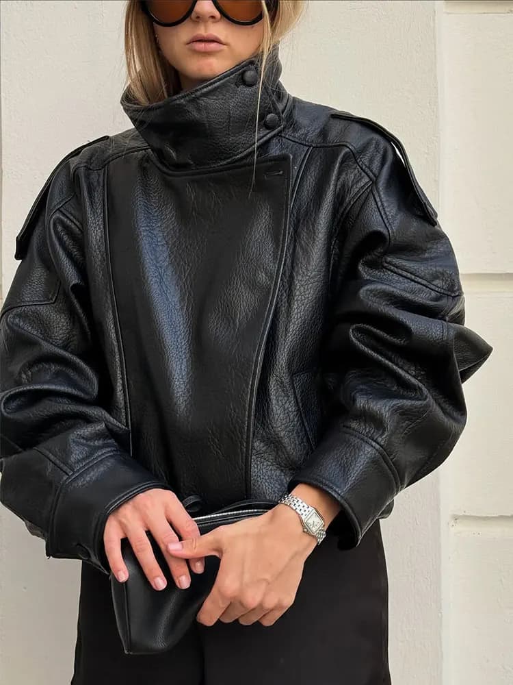 HH automne veste en simili cuir pour femmes décontracté solide fermeture éclair manches longues en c