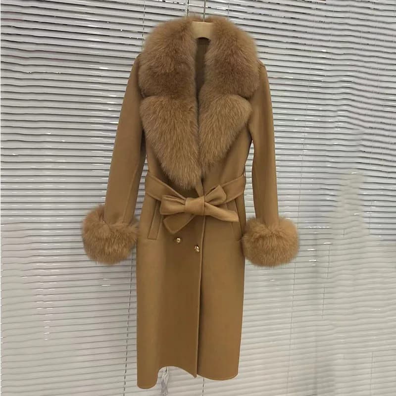 Manteau Long en laine mélangée pour femmes, avec grand col en vraie fourrure de renard, veste d'hive