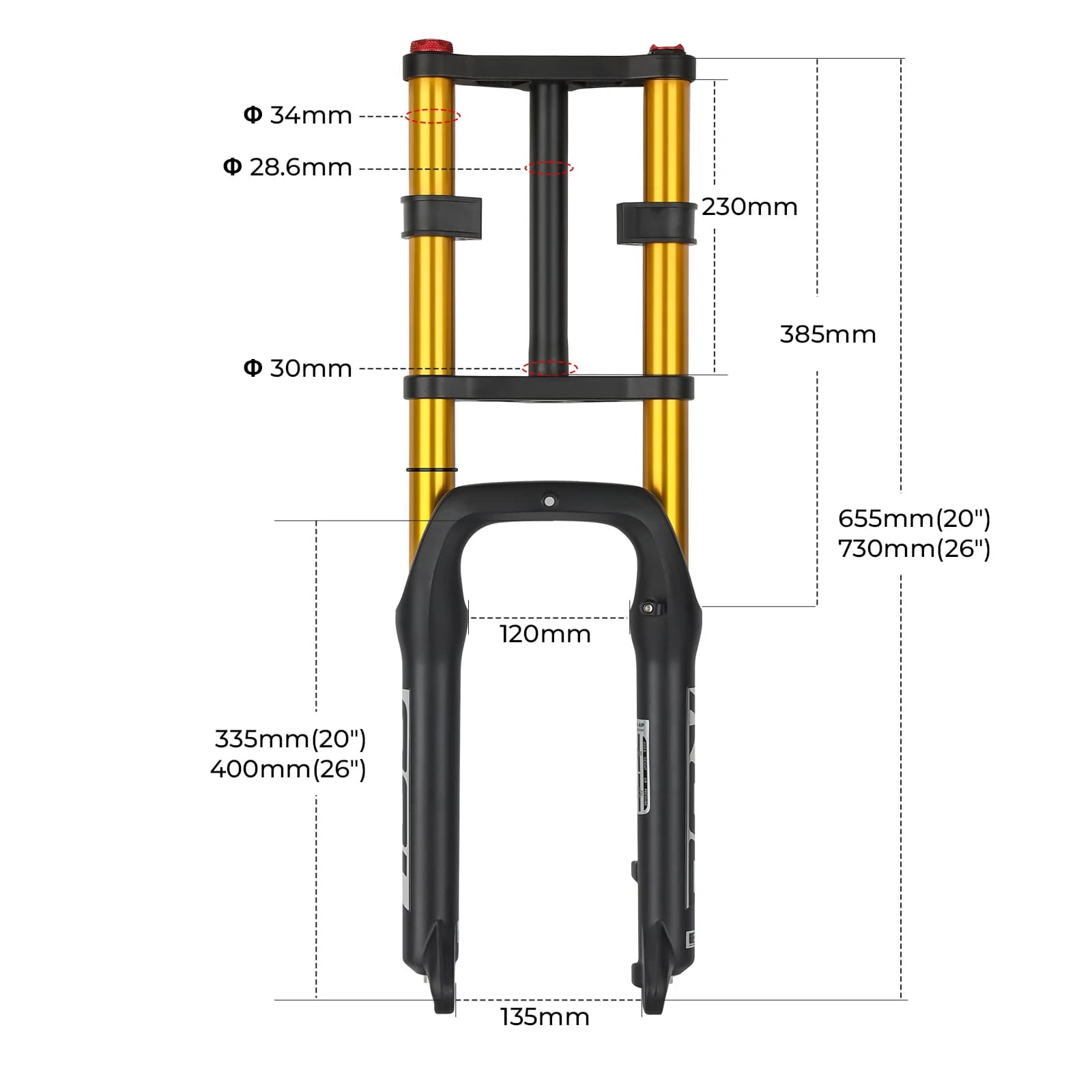 BOLANY fourche avant de neige à Double épaule 20*4.0 pouces/26*4.0 pouces fourche vtt 130mm fourche 