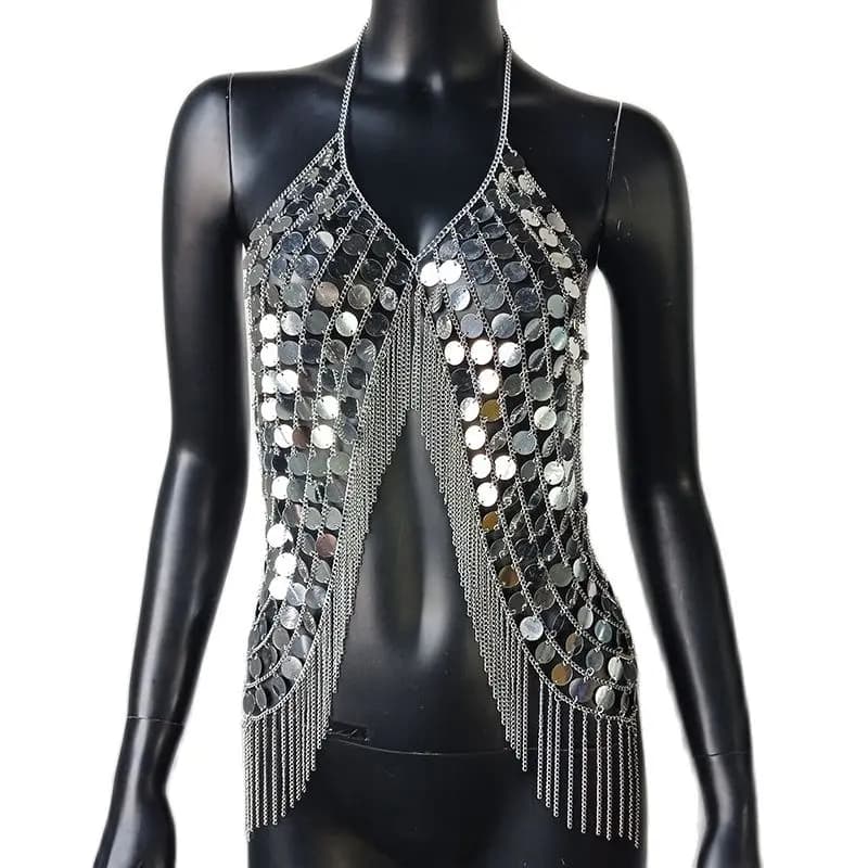AKYZO-Haut court à paillettes pour femmes, vêtements de danse en boîte de nuit, pompon en métal, ten
