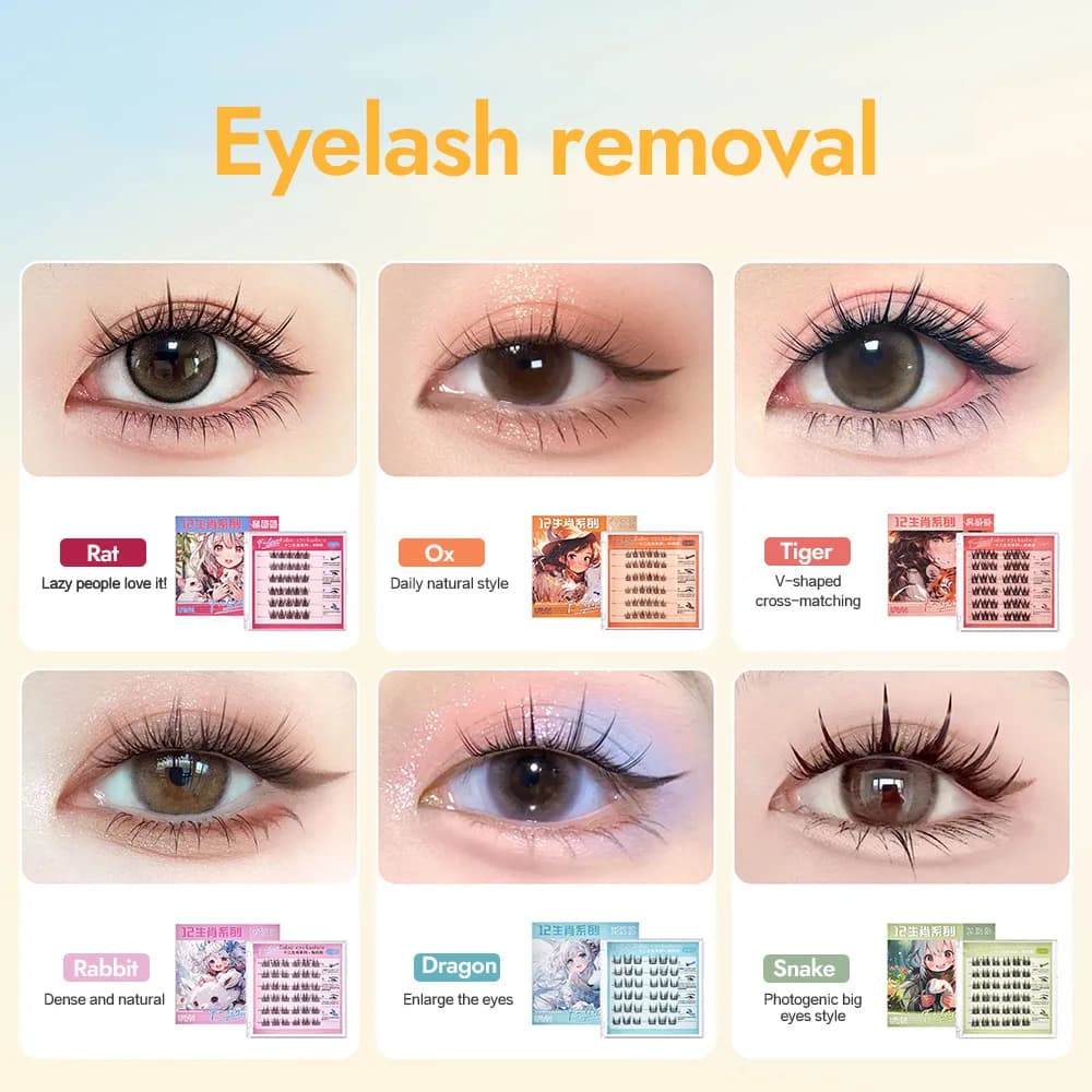 12 faux cils sans colle série zodiaque, faux cils auto-adhésifs segmentés recourbés en C de 0.05mm