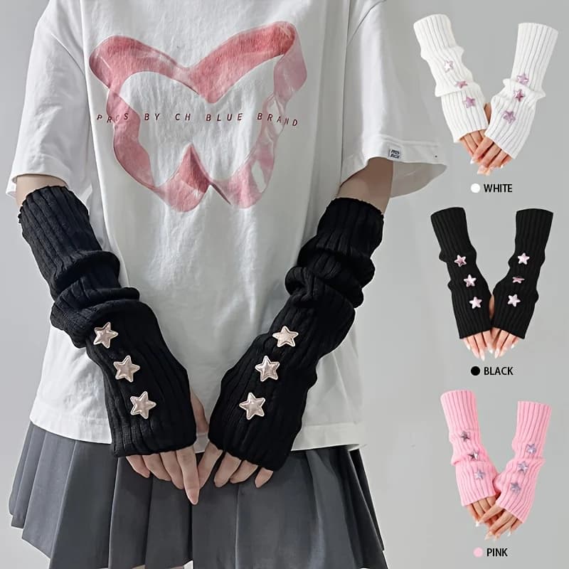 1 paire de gants sans doigts pour femmes, avec décoration d'étoiles, blanc/noir/rose, lavables en ma