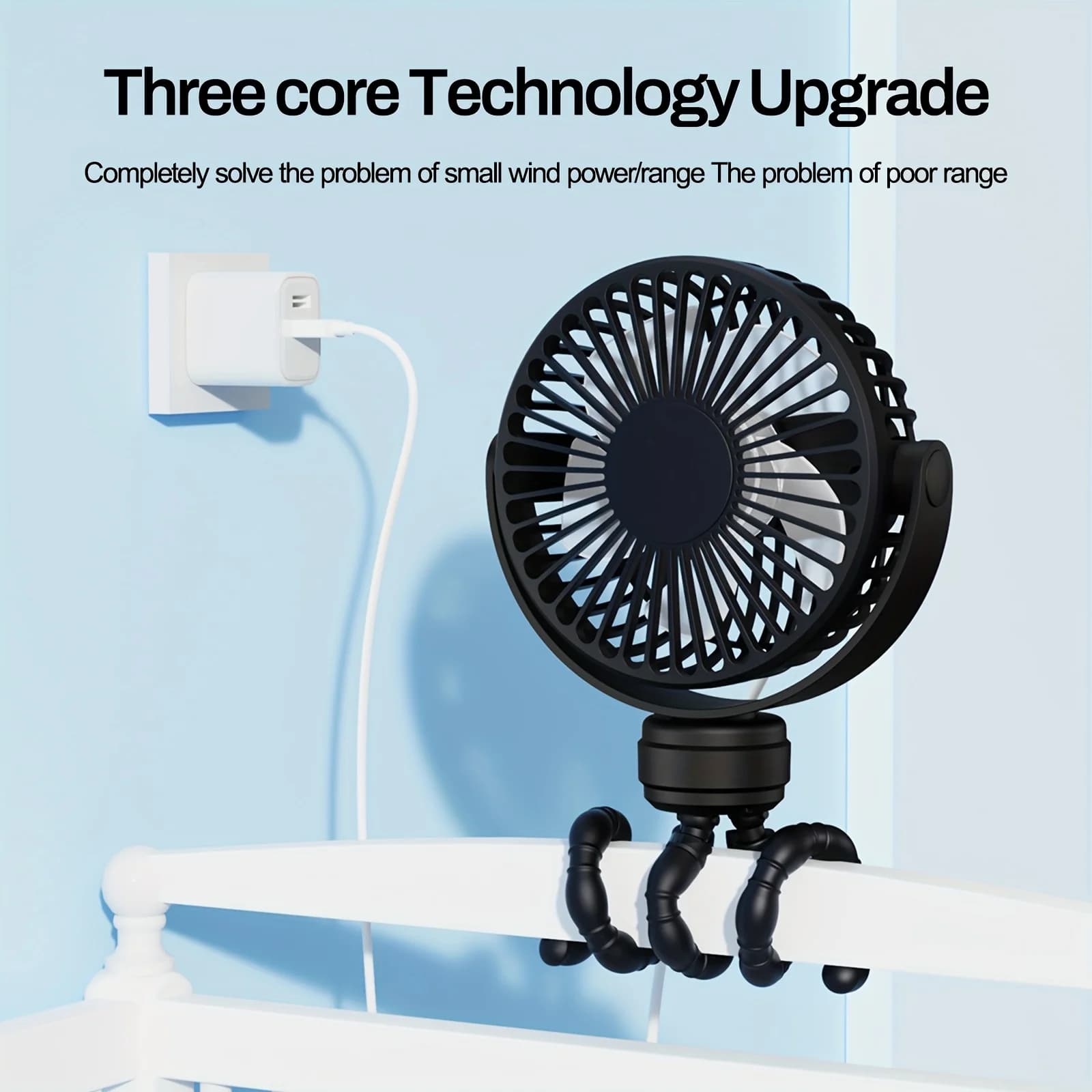 Mini ventilateur portable flexible sur trépied, rechargeable, 3 vitesses, pour poussette, avec rotat
