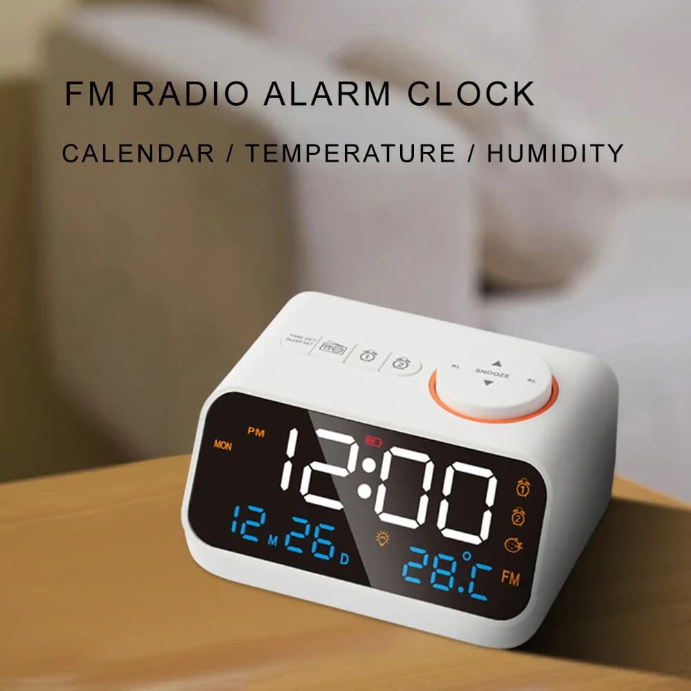 Réveil LED radio FM moderne pour réveil au chevet. Calendrier de table numérique avec thermomètre de