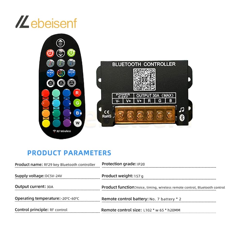 Contrôleur de variateur intelligent Bluetooth RGB DC 5V 12V 24V 30A et télécommande RF sans fil à 29
