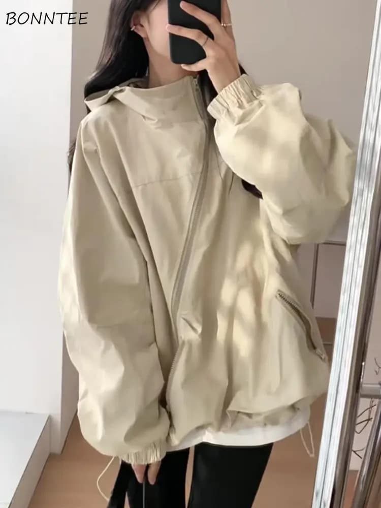 Vestes monochromes à capuche pour femmes, fermeture éclair simple, poches de loisirs, style japonais